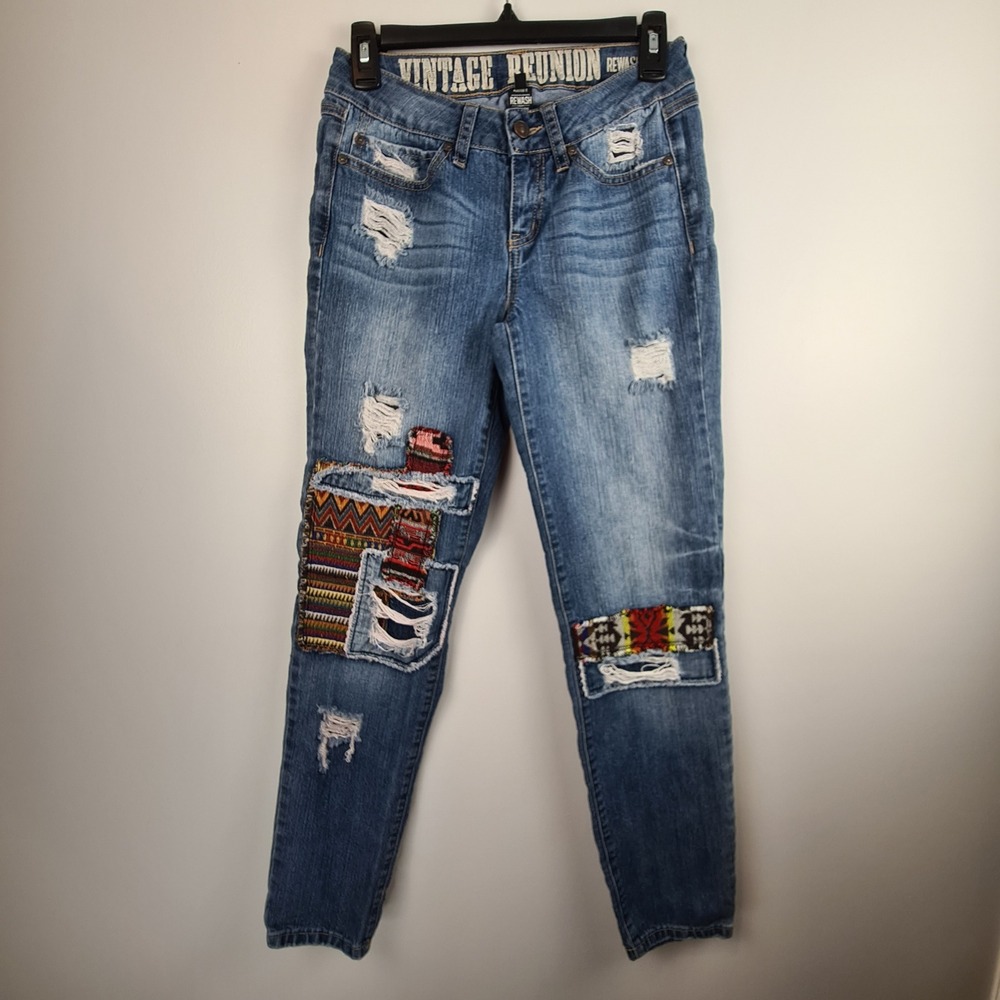 Rewash Womens Distressed Patchwork Skinny Jeans‎ Blue Medium Wash Size 5/26